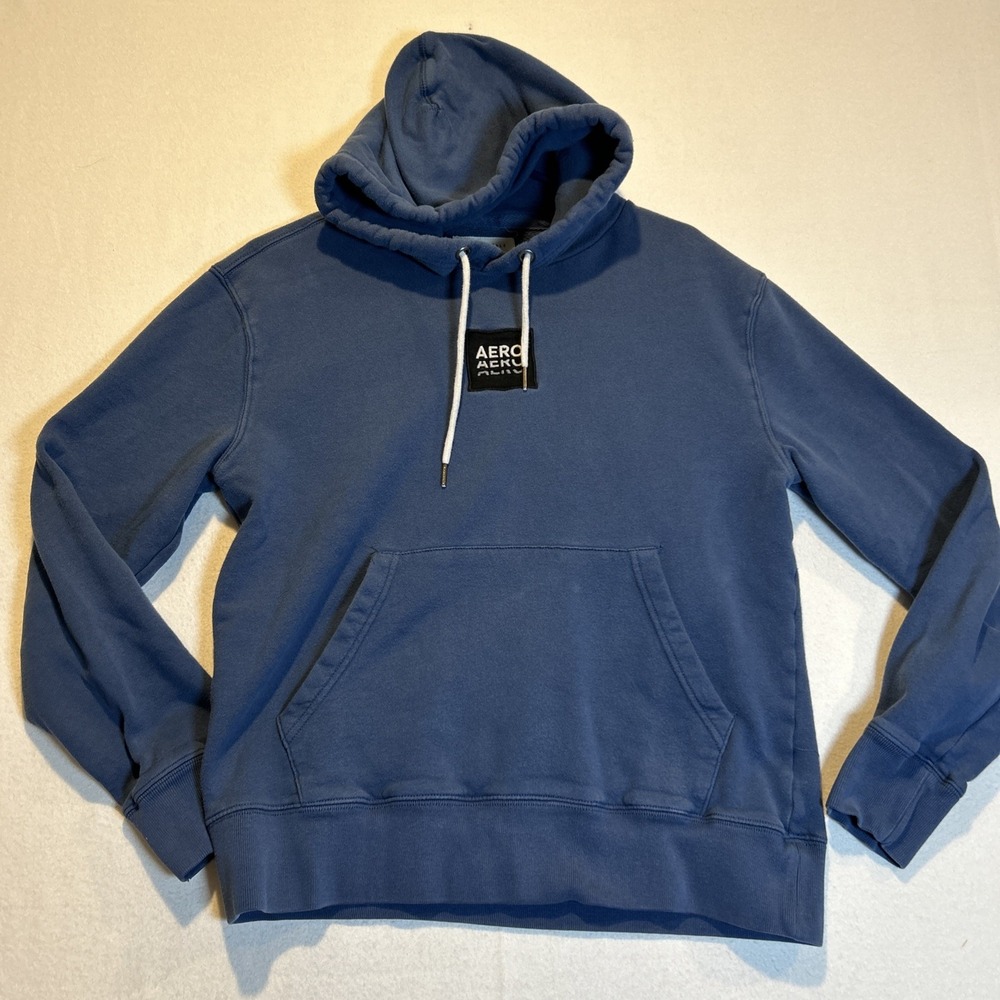 Aeropostale Mens Medium Hoodie Blue White Drawstrings Logo Casual Pullover
